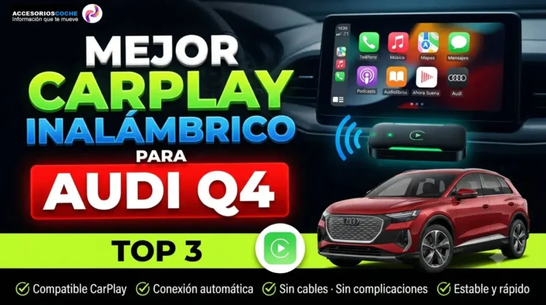 Audi Q4 con pantalla multimedia mostrando Apple CarPlay inalámbrico, varios dispositivos y marcas.