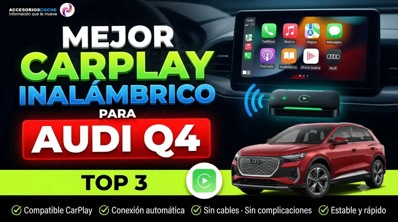 Audi Q4 con pantalla multimedia mostrando Apple CarPlay inalámbrico, varios dispositivos y marcas.