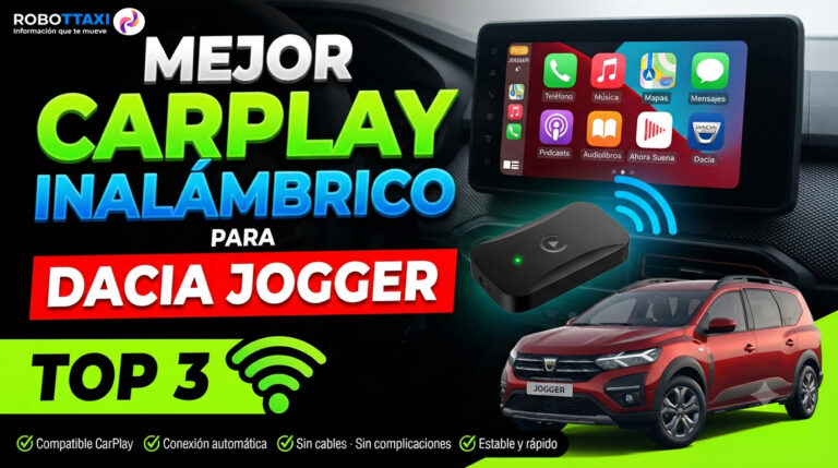 Dacia Jogger con pantalla multimedia mostrando Apple CarPlay inalámbrico, varios dispositivos y marcas.