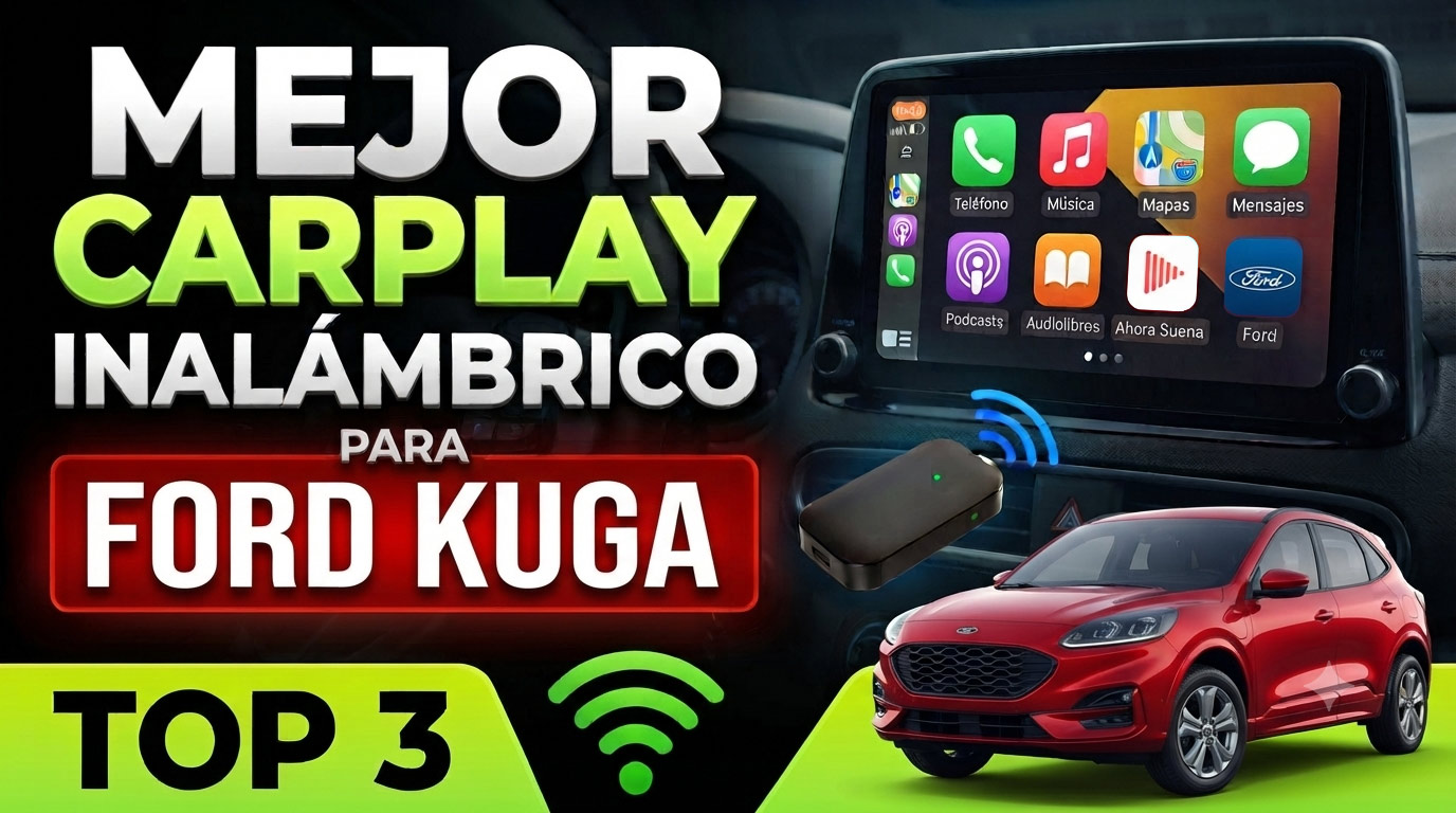 Ford Kuga con pantalla multimedia mostrando Apple CarPlay inalámbrico, varios dispositivos y marcas.