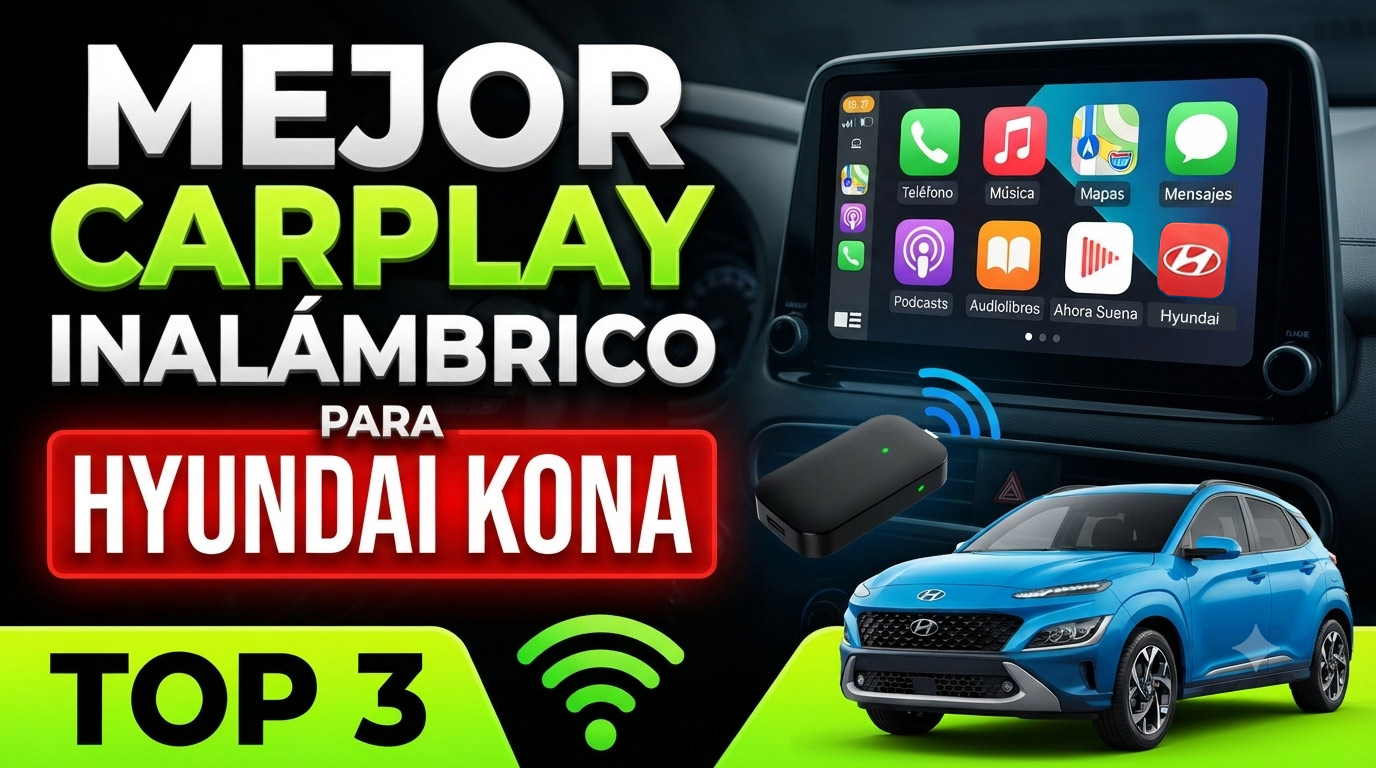 Hyundai Kona con pantalla multimedia mostrando Apple CarPlay inalámbrico, varios dispositivos y marcas.