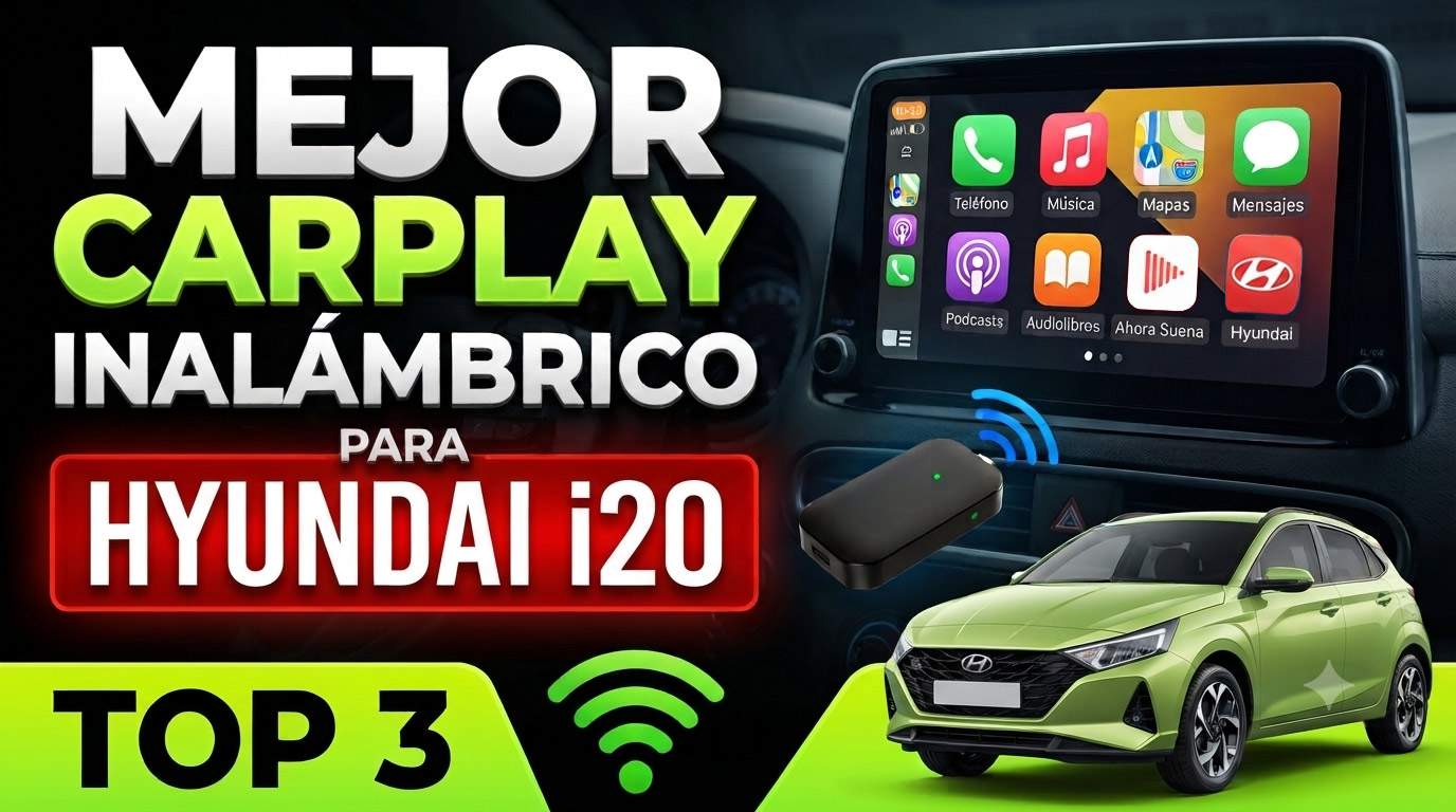 Hyundai i20 con pantalla multimedia mostrando Apple CarPlay inalámbrico, varios dispositivos y marcas.