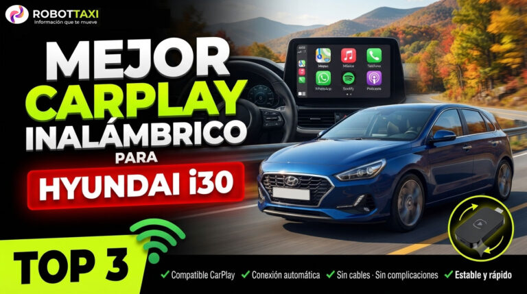 Hyundai i30 con pantalla multimedia mostrando Apple CarPlay inalámbrico, varios dispositivos y marcas.