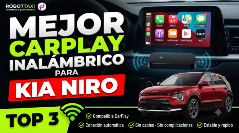 Kia Niro con pantalla multimedia mostrando Apple CarPlay inalámbrico, varios dispositivos y marcas.