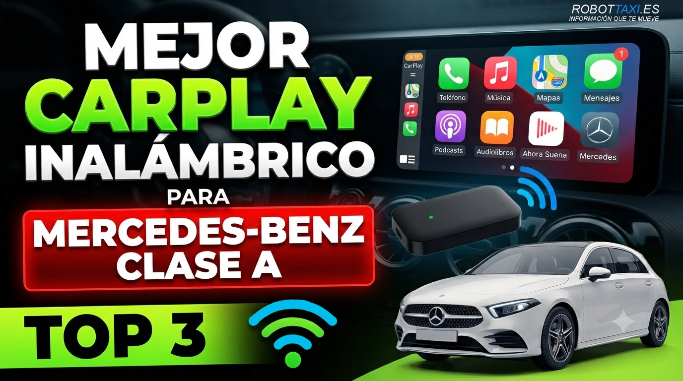 Mercedes-Benz Clase A con pantalla multimedia mostrando Apple CarPlay inalámbrico, varios dispositivos y marcas.
