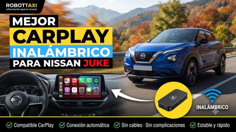 Nissan Juke con pantalla multimedia mostrando Apple CarPlay inalámbrico, varios dispositivos y marcas.