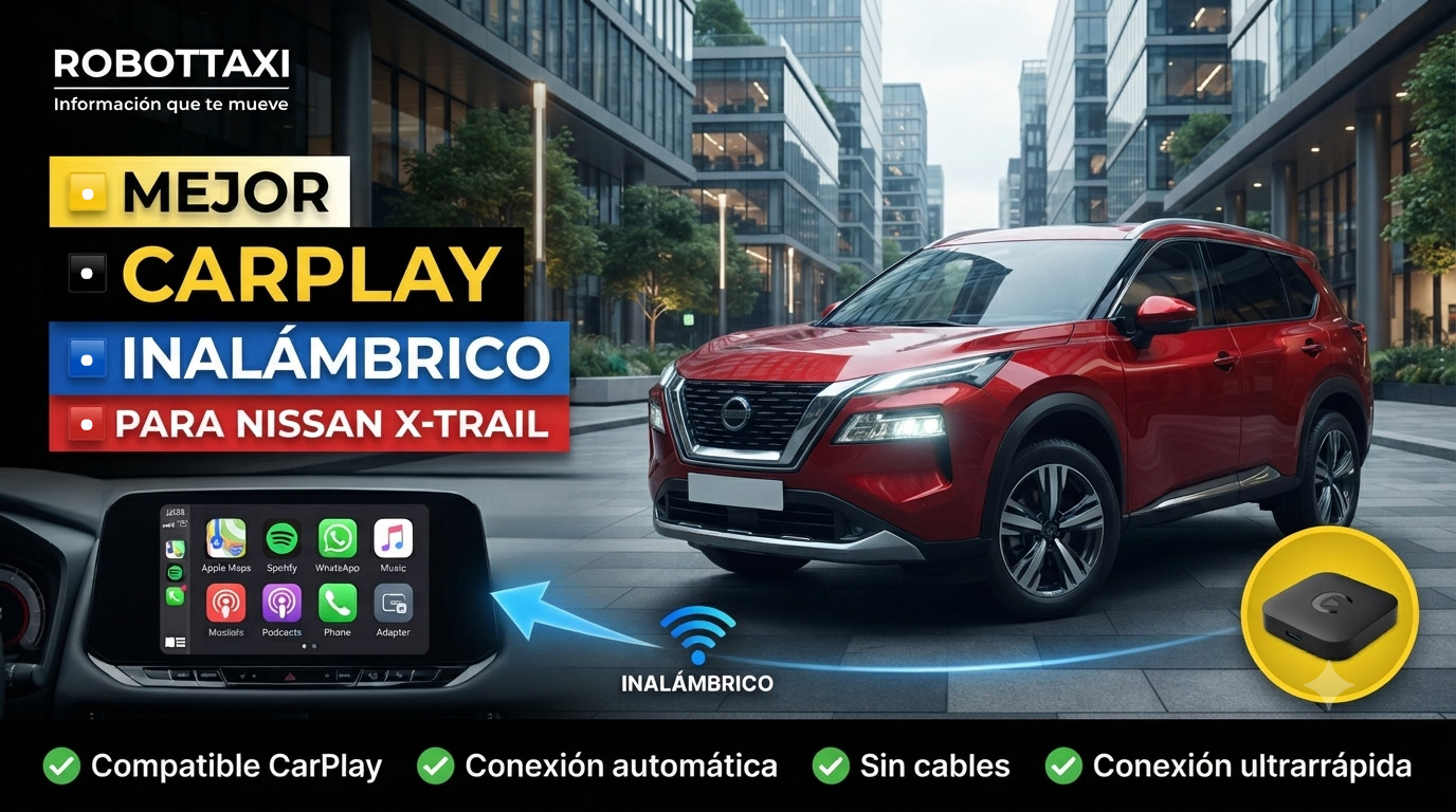 Nissan X-Trail con pantalla multimedia mostrando Apple CarPlay inalámbrico, varios dispositivos y marcas.