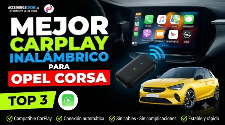 Opel Corsa con pantalla multimedia mostrando Apple CarPlay inalámbrico, varios dispositivos y marcas.