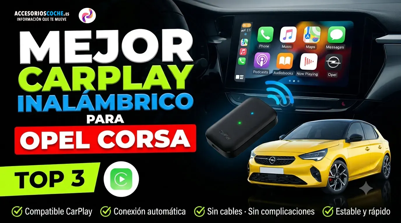 Opel Corsa con pantalla multimedia mostrando Apple CarPlay inalámbrico, varios dispositivos y marcas.
