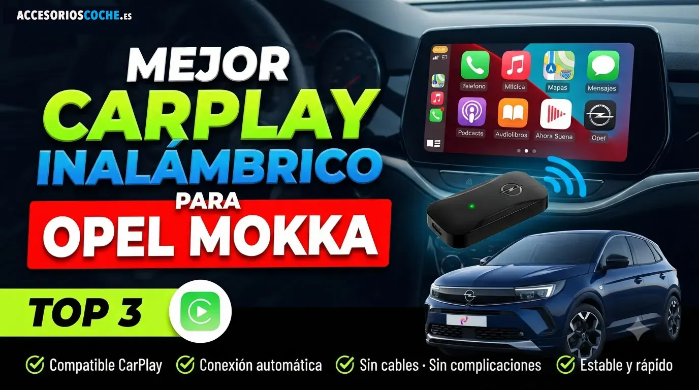 Opel Mokka con pantalla multimedia mostrando Apple CarPlay inalámbrico, varios dispositivos y marcas.