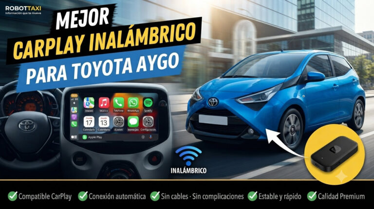 Toyota Aygocon pantalla multimedia mostrando Apple CarPlay inalámbrico, varios dispositivos y marcas.