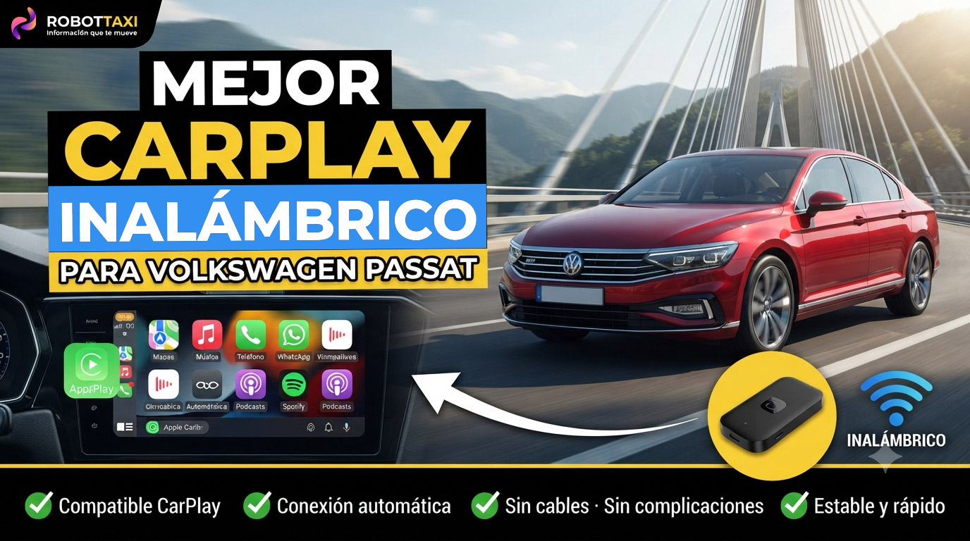 Wolkswagen Passat con pantalla multimedia mostrando Apple CarPlay inalámbrico, varios dispositivos y marcas.