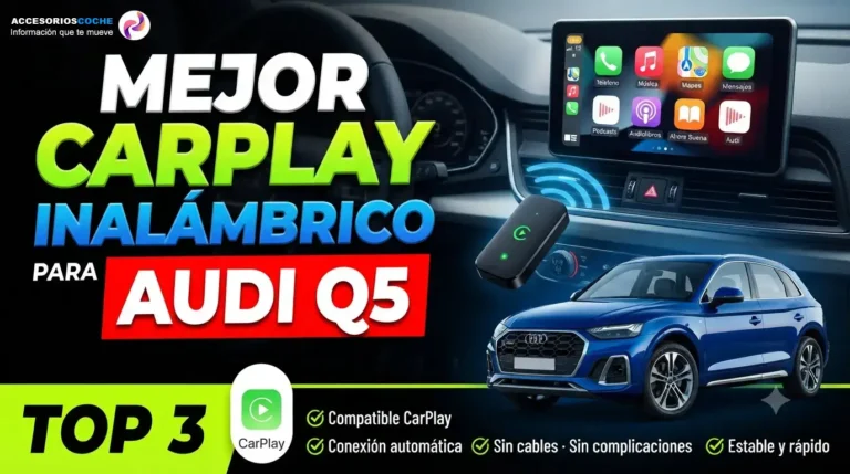 Audi Q5 con pantalla multimedia mostrando Apple CarPlay inalámbrico, varios dispositivos y marcas.