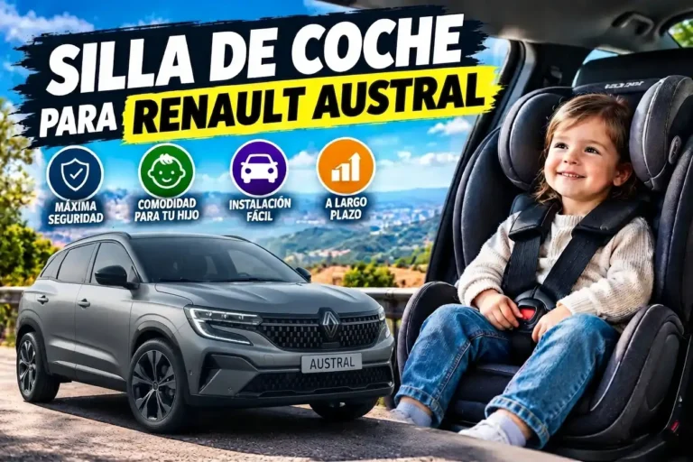 Silla de coche con niño sentado y coche Renault Austral gris.