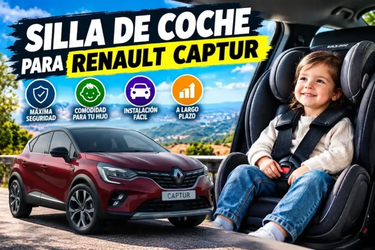 Silla de coche con niño sentado y coche Renault Captur rojo.