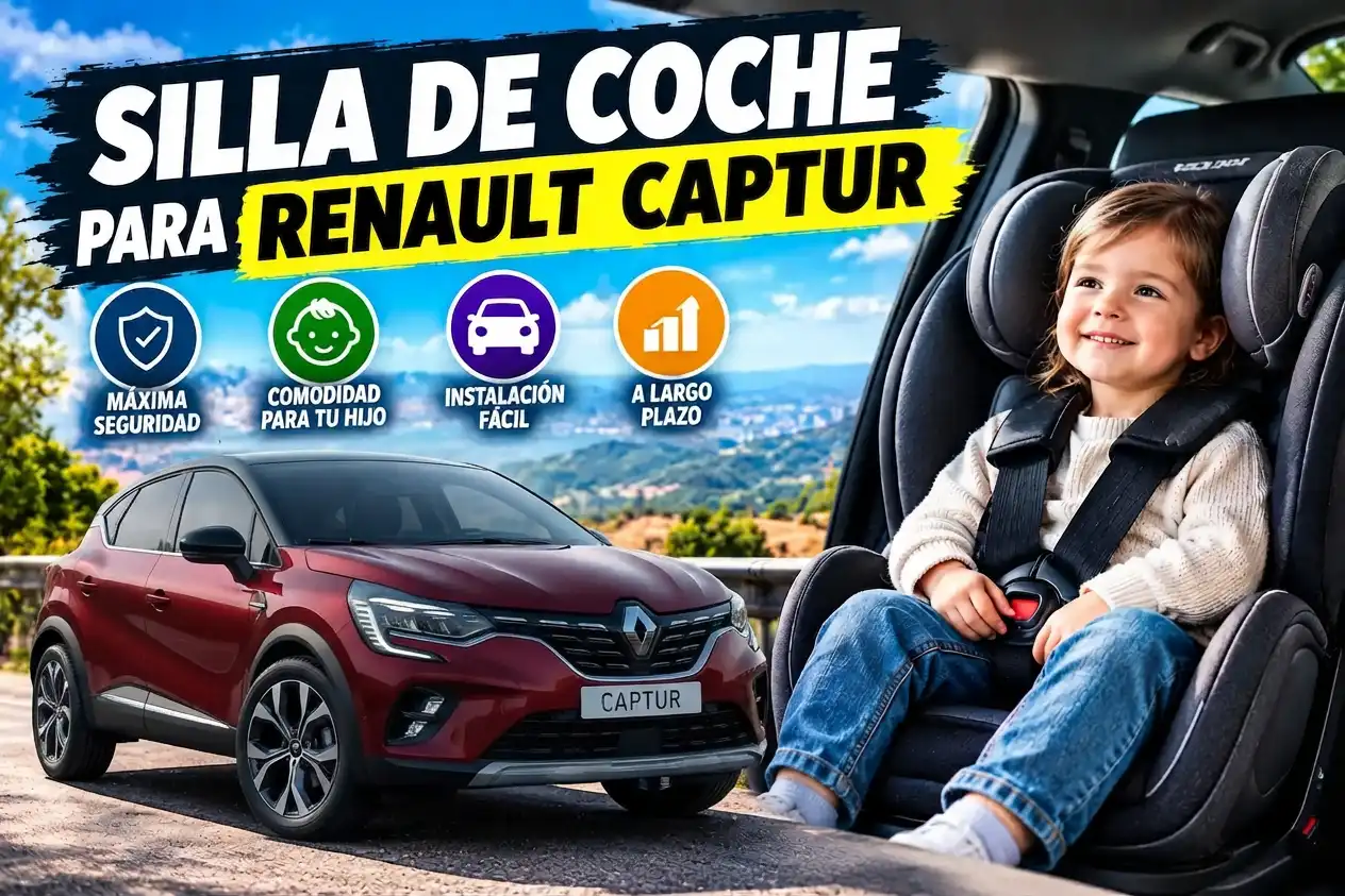 Silla de coche con niño sentado y coche Renault Captur rojo.