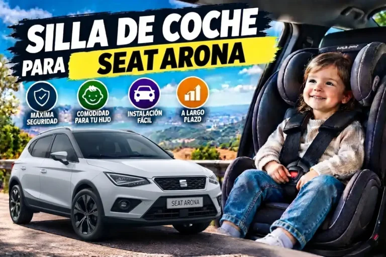 Silla de coche con niño sentado y coche Seat Arona.
