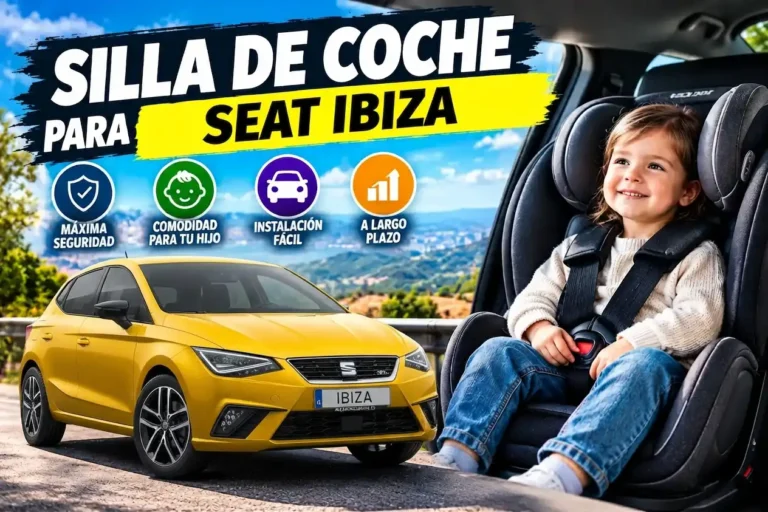 Silla de coche con niño sentado y coche Seat Ibiza amarillo.