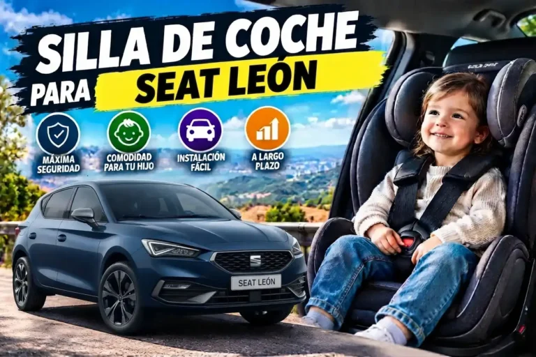 Silla de coche con niño sentado y coche Seat León.