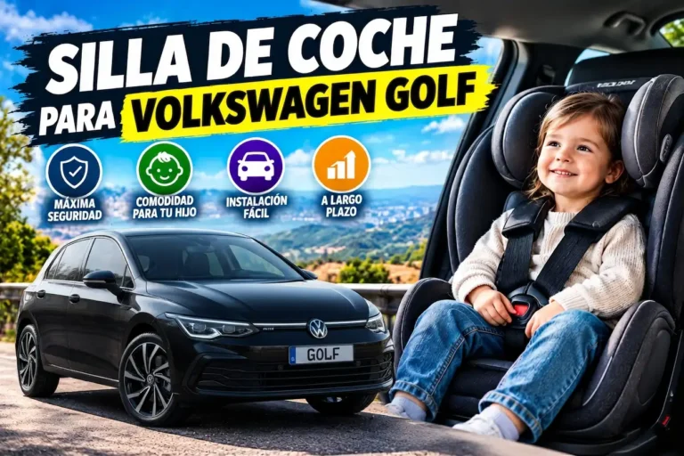 Silla de coche con niño sentado y coche Volkswagen Golf de color negro.