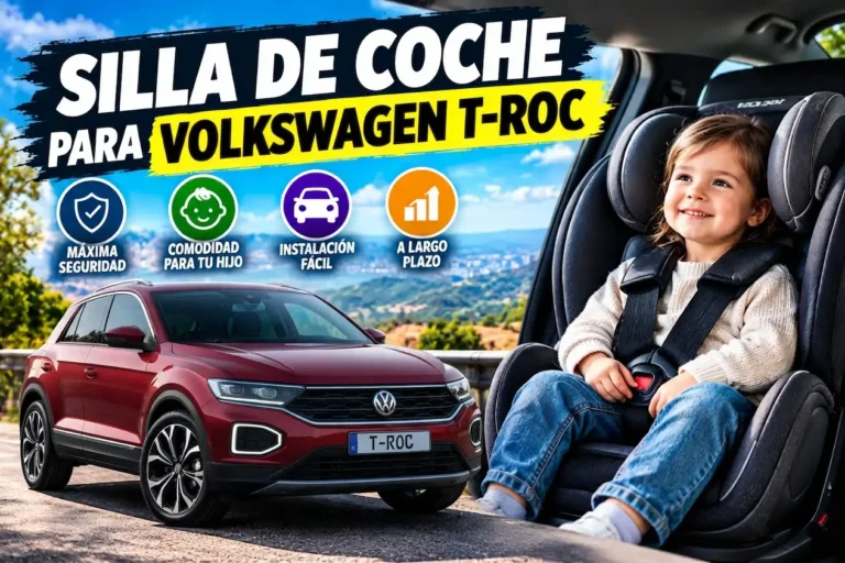 Silla de coche con niño sentado y coche Volkswagen T-roc.