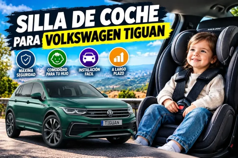 Silla de coche con niño sentado y coche Volkswagen Tiguan de color verde.