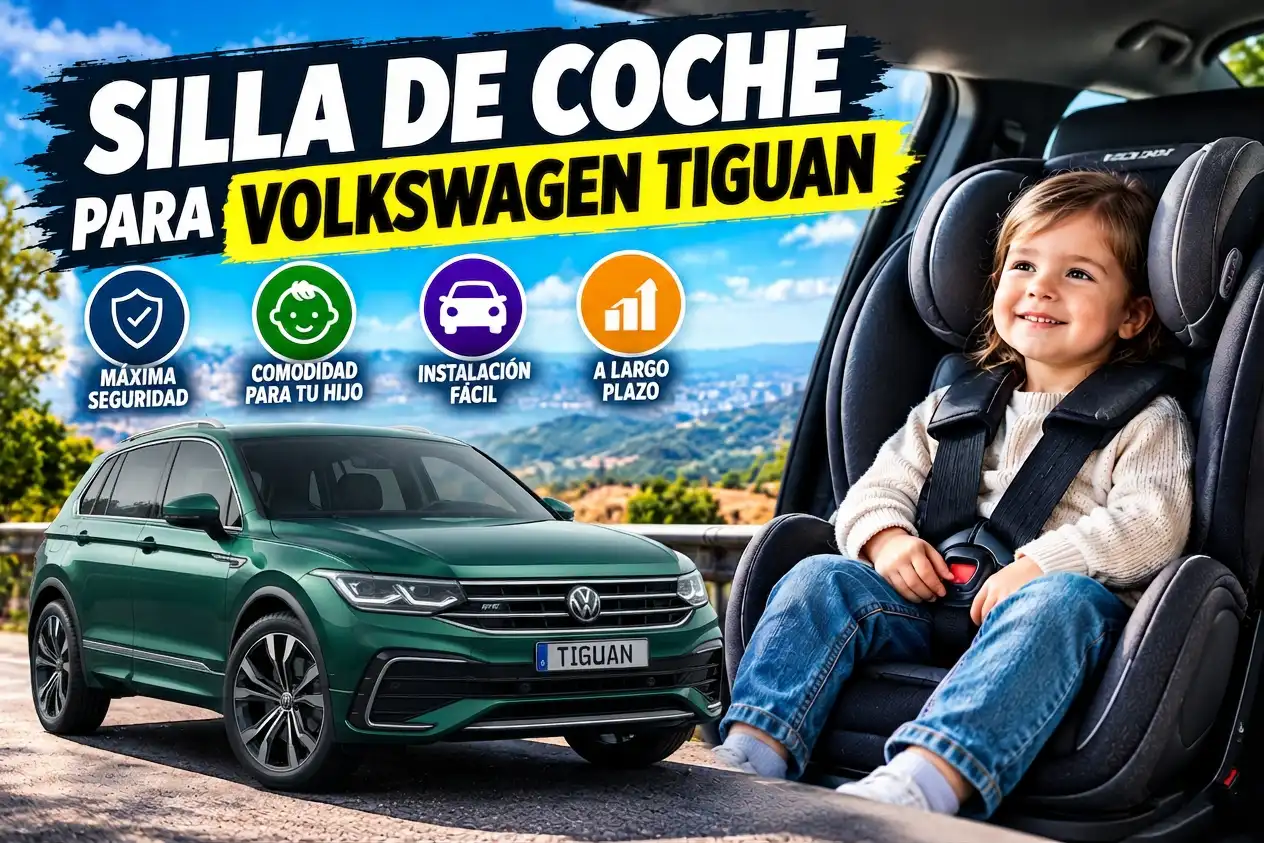 Silla de coche con niño sentado y coche Volkswagen Tiguan de color verde.