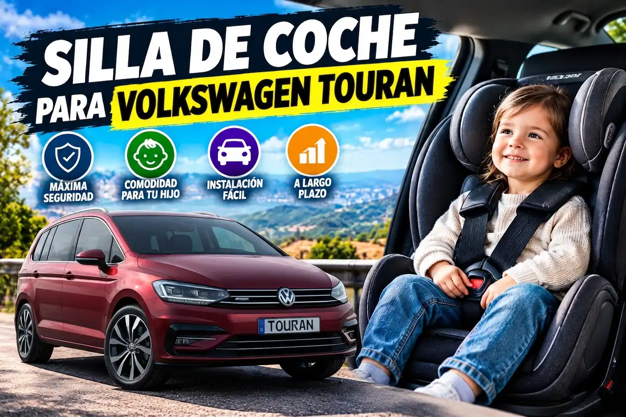 Silla de coche con niño sentado y coche Volkswagen Touran de color rojo.