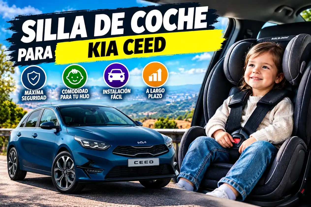 Silla de coche con niño sentado y coche Kia Ceed de color azul.
