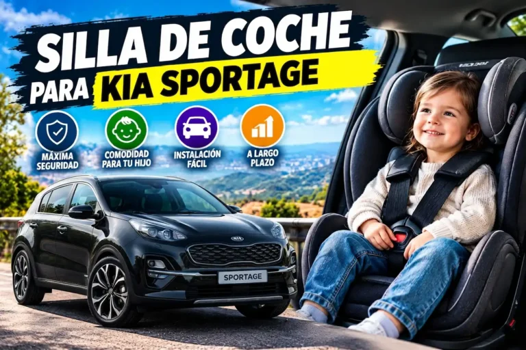 Silla de coche con niño sentado y coche Kia Sportage de color negro.