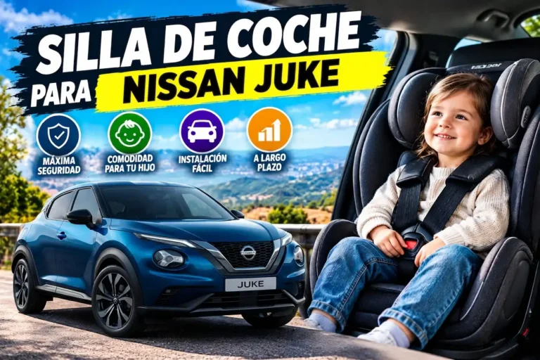 Silla de coche con niño sentado y coche Nissan Juke de color azul.