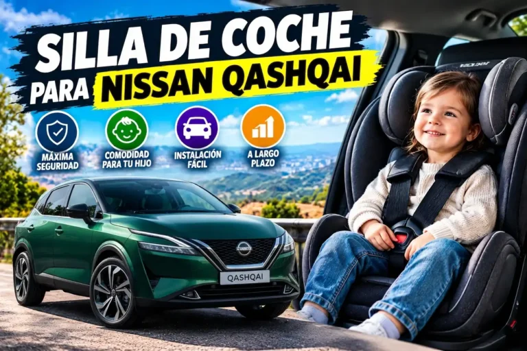Silla de coche con niño sentado y coche Nissan Qashqai de color verde.